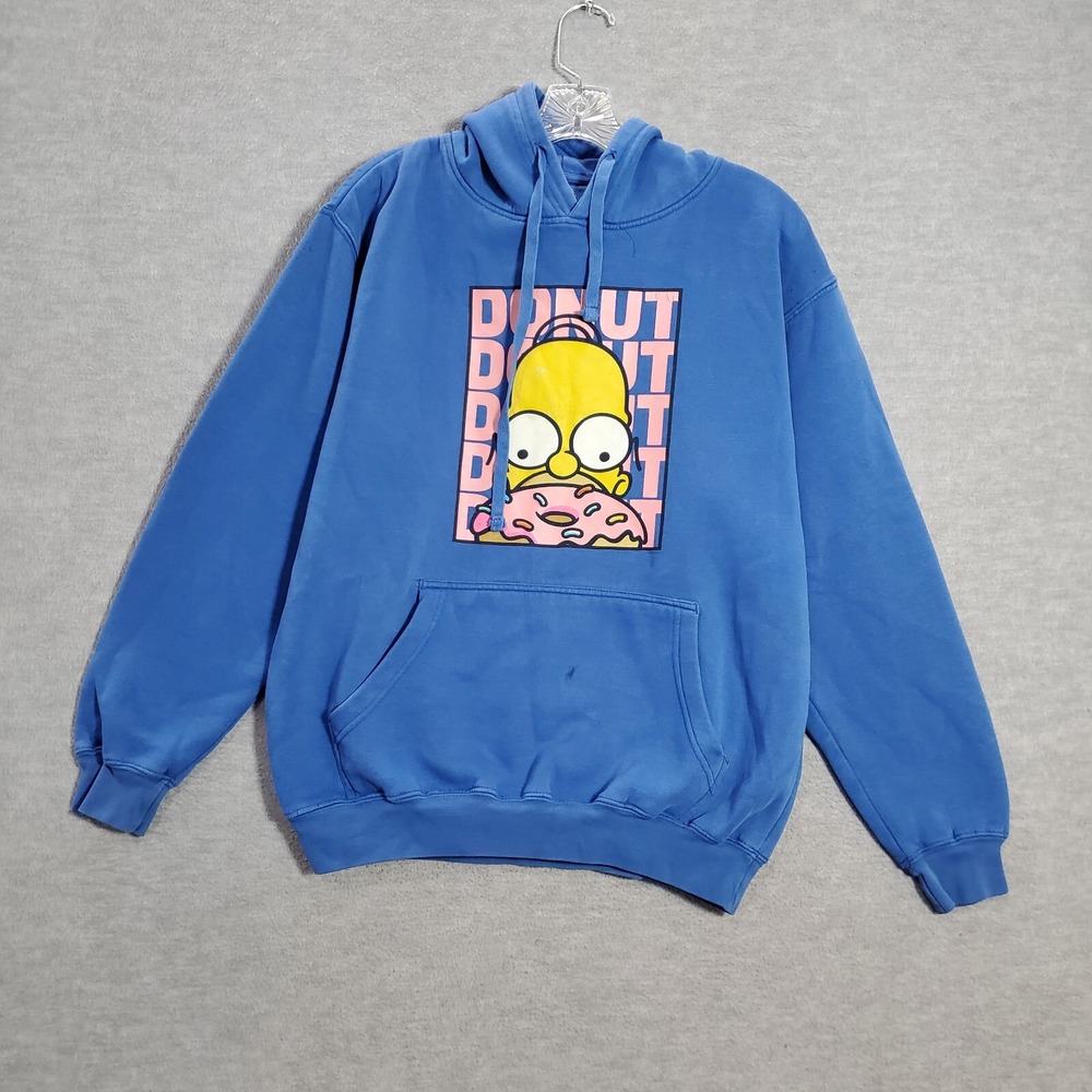 The Simpsons Men Sweatshirt Medium Blue Hoodie Logo Homer Donuts Pullover READ
